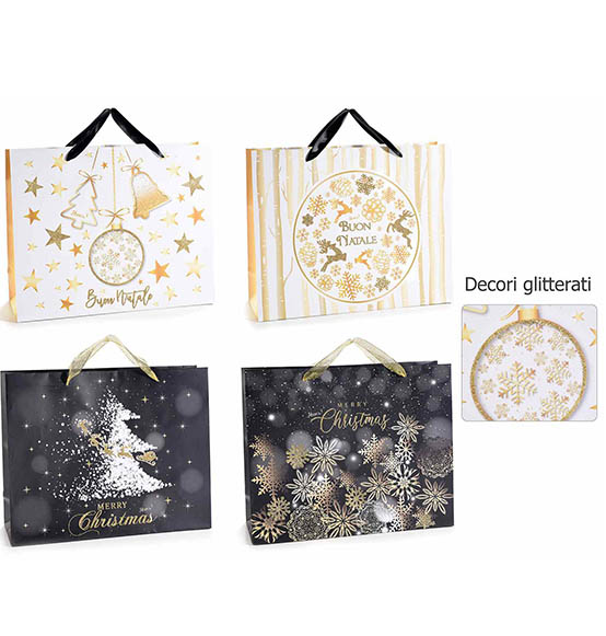 16Pz. Sacchetto grande regalo in cartoncino con stampa natalizia e decorazioni glitterate oro e manici in raso Linea \"Elegant Christmas\" cm. 38x12,5x30,5H